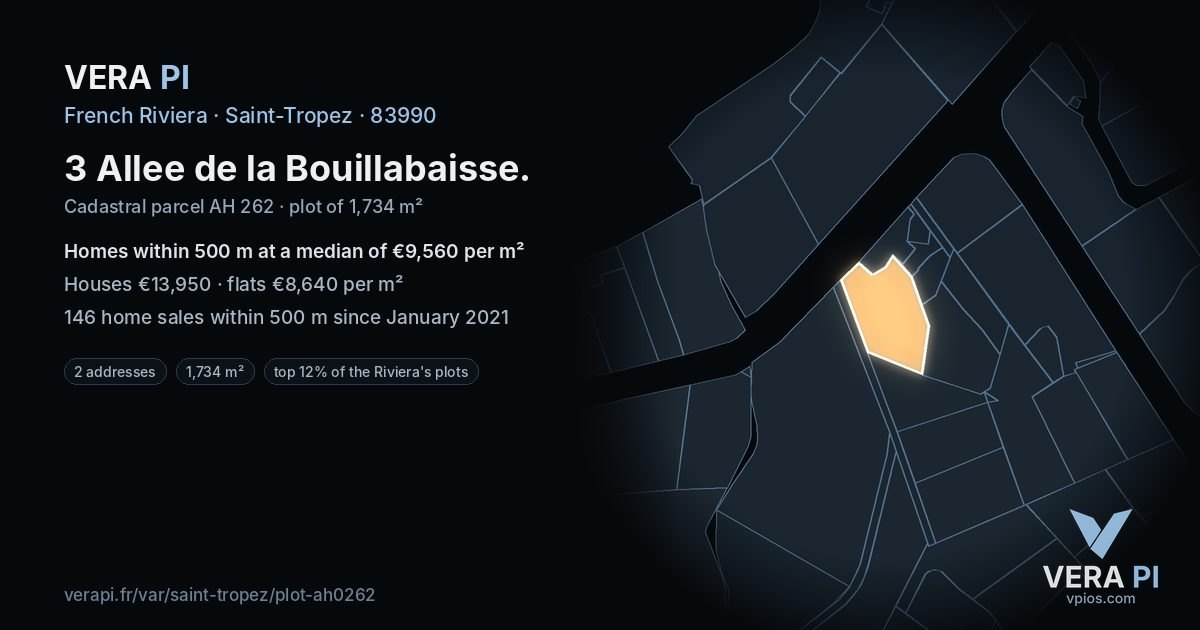 3 Allee de la Bouillabaisse, Saint-Tropez at night – the plot lit, the parcels around coloured by the prices near them