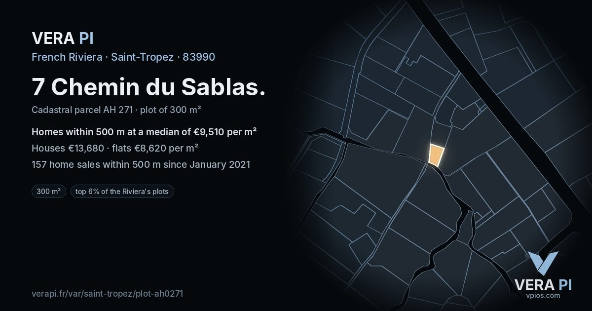 7 Chemin du Sablas, Saint-Tropez at night – the plot lit, the parcels around coloured by the prices near them