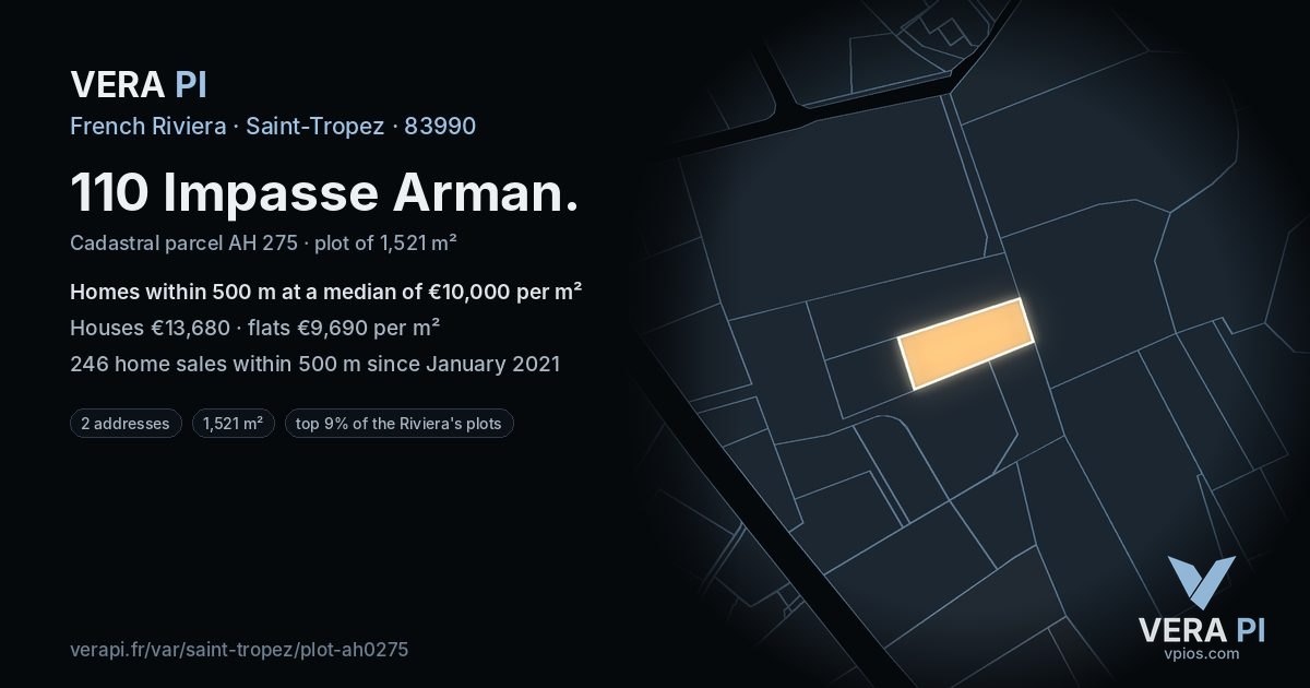 110 Impasse Arman, Saint-Tropez at night – the plot lit, the parcels around coloured by the prices near them