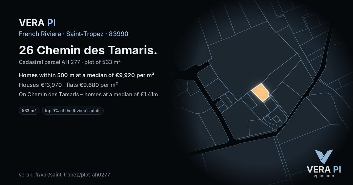 26 Chemin des Tamaris, Saint-Tropez at night – the plot lit, the parcels around coloured by the prices near them