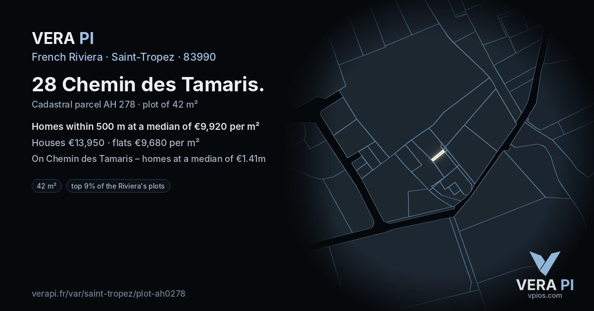 28 Chemin des Tamaris, Saint-Tropez at night – the plot lit, the parcels around coloured by the prices near them
