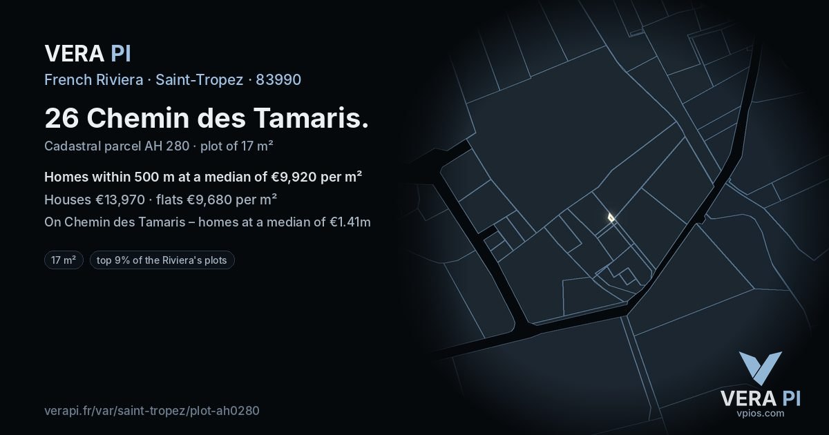 26 Chemin des Tamaris, Saint-Tropez at night – the plot lit, the parcels around coloured by the prices near them