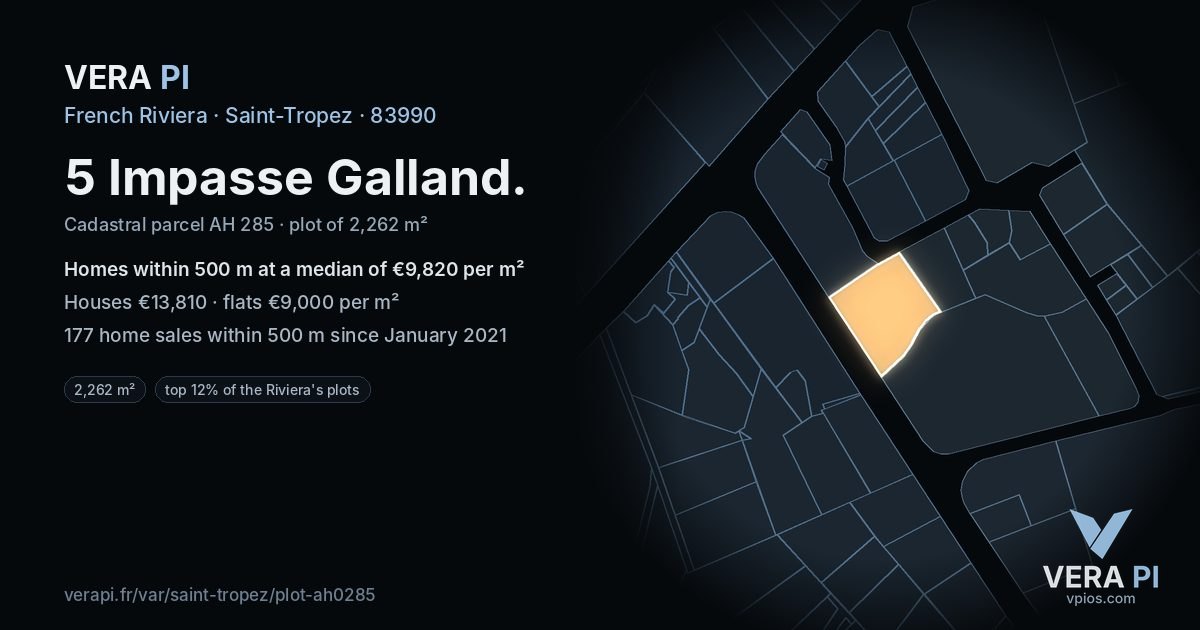 5 Impasse Galland, Saint-Tropez at night – the plot lit, the parcels around coloured by the prices near them