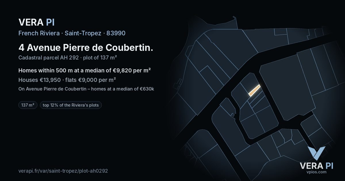 4 Avenue Pierre de Coubertin, Saint-Tropez at night – the plot lit, the parcels around coloured by the prices near them