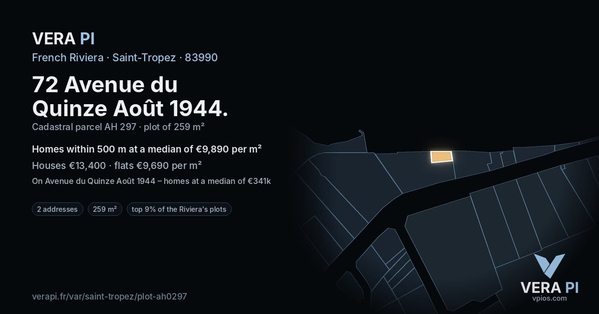 72 Avenue du Quinze Août 1944, Saint-Tropez at night – the plot lit, the parcels around coloured by the prices near them