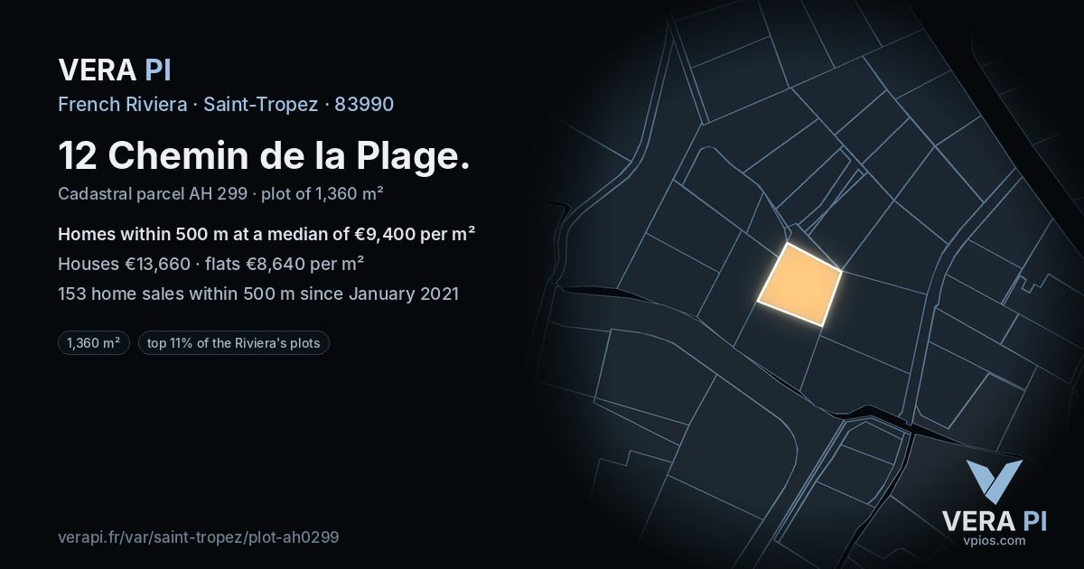 12 Chemin de la Plage, Saint-Tropez at night – the plot lit, the parcels around coloured by the prices near them