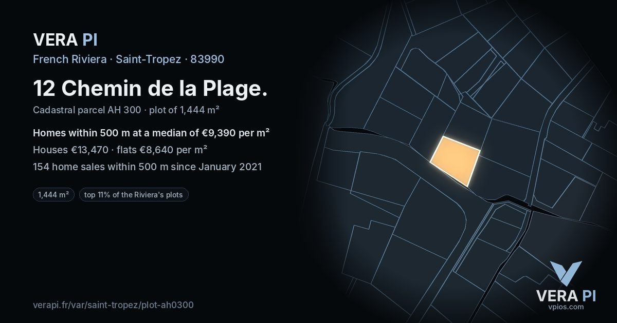 12 Chemin de la Plage, Saint-Tropez at night – the plot lit, the parcels around coloured by the prices near them