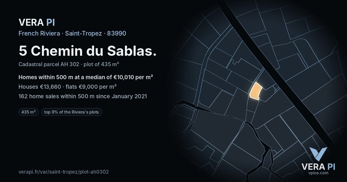 5 Chemin du Sablas, Saint-Tropez at night – the plot lit, the parcels around coloured by the prices near them