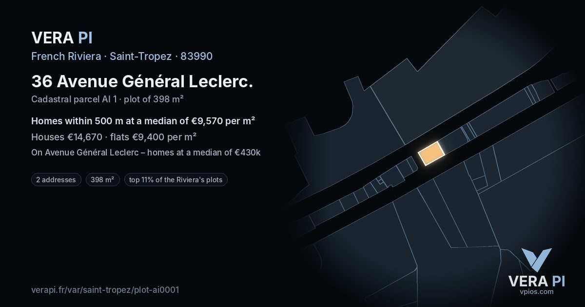36 Avenue Général Leclerc, Saint-Tropez at night – the plot lit, the parcels around coloured by the prices near them