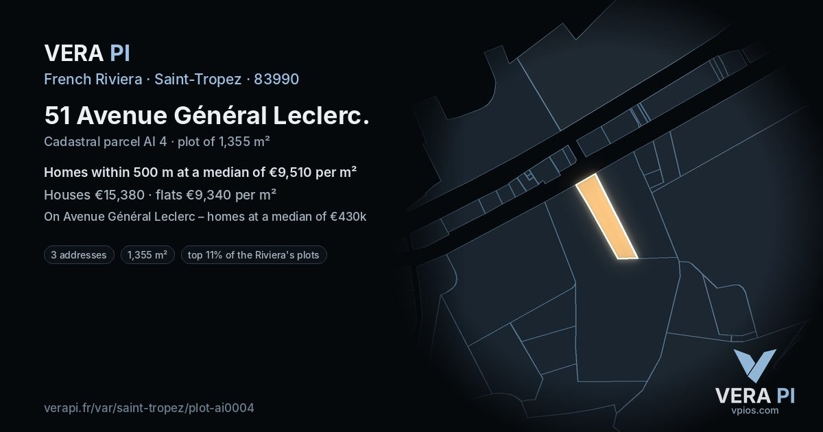 51 Avenue Général Leclerc, Saint-Tropez at night – the plot lit, the parcels around coloured by the prices near them