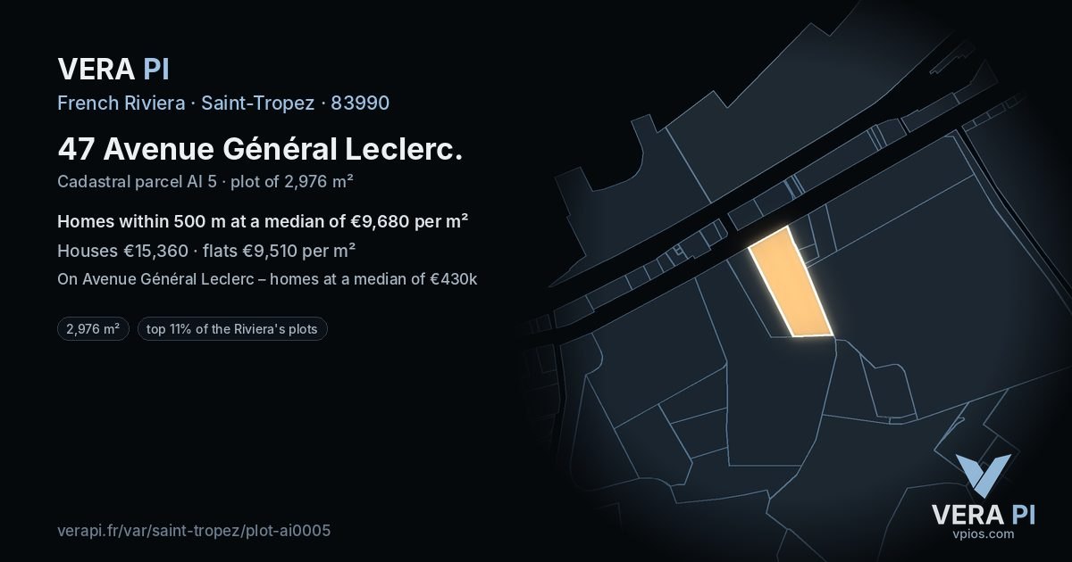 47 Avenue Général Leclerc, Saint-Tropez at night – the plot lit, the parcels around coloured by the prices near them