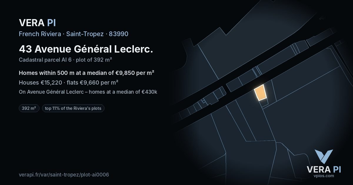 43 Avenue Général Leclerc, Saint-Tropez at night – the plot lit, the parcels around coloured by the prices near them