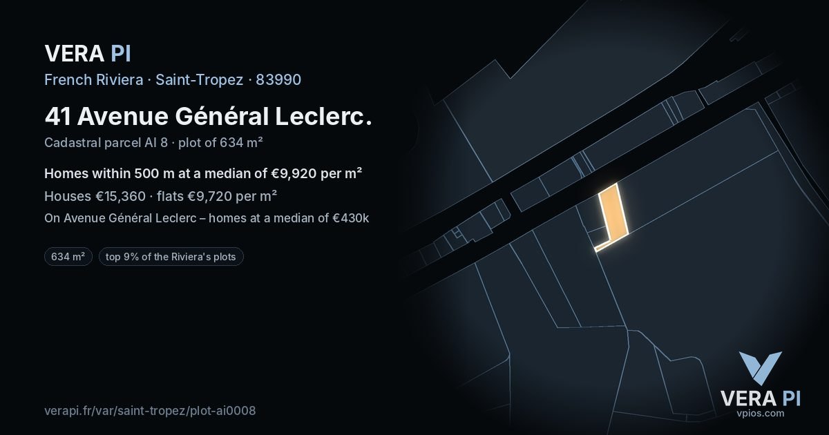 41 Avenue Général Leclerc, Saint-Tropez at night – the plot lit, the parcels around coloured by the prices near them