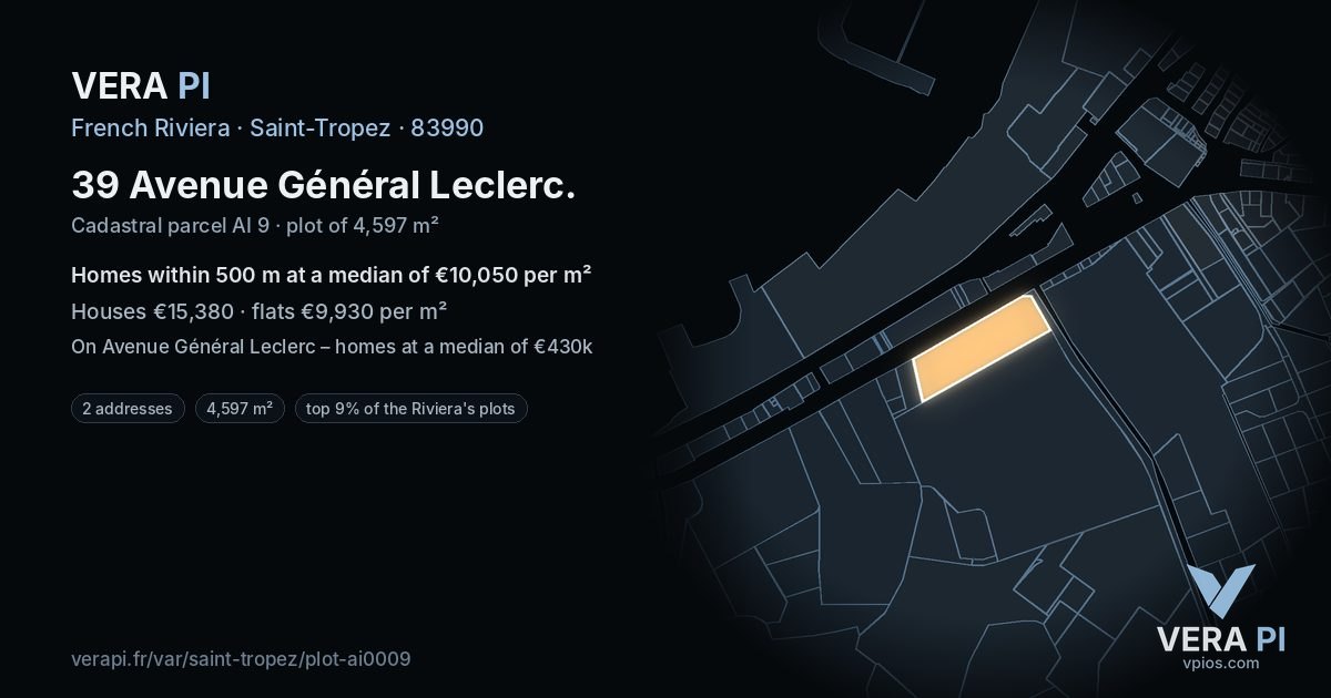 39 Avenue Général Leclerc, Saint-Tropez at night – the plot lit, the parcels around coloured by the prices near them