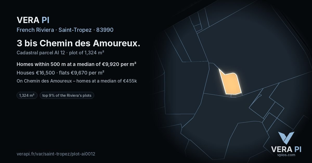 3 bis Chemin des Amoureux, Saint-Tropez at night – the plot lit, the parcels around coloured by the prices near them