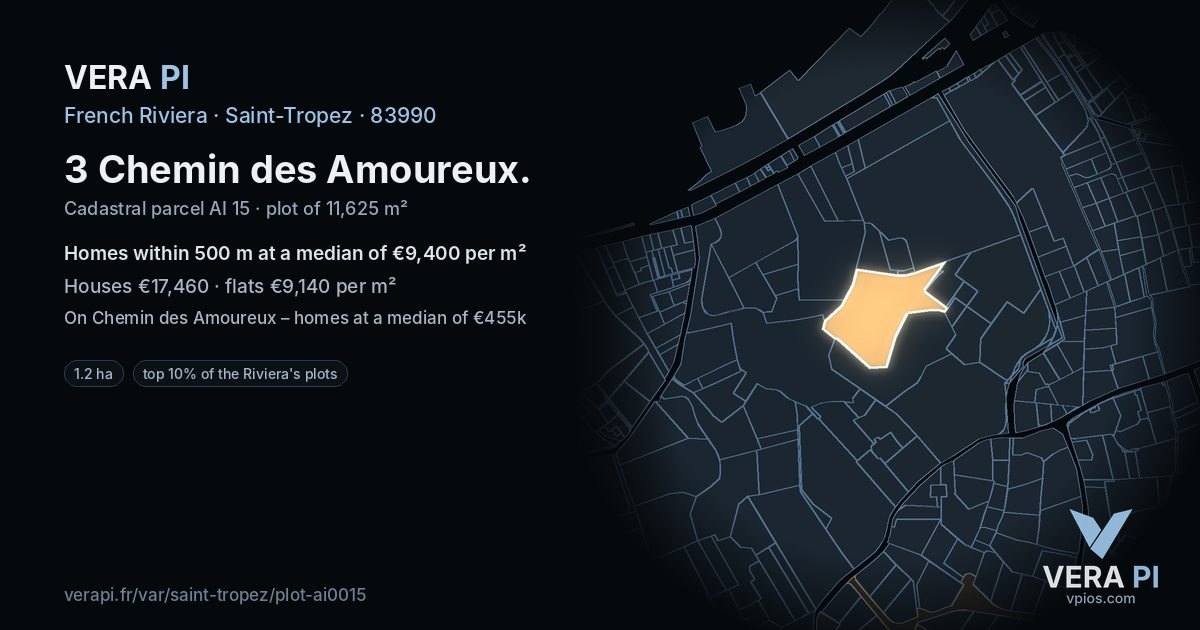 3 Chemin des Amoureux, Saint-Tropez at night – the plot lit, the parcels around coloured by the prices near them