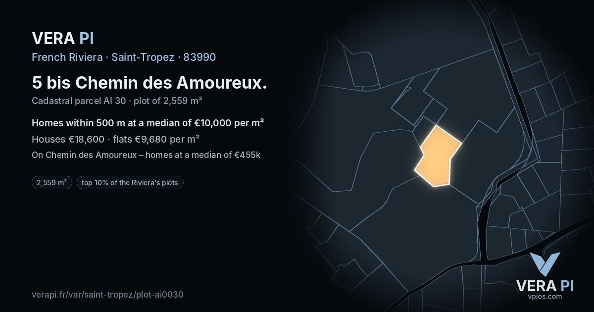 5 bis Chemin des Amoureux, Saint-Tropez at night – the plot lit, the parcels around coloured by the prices near them