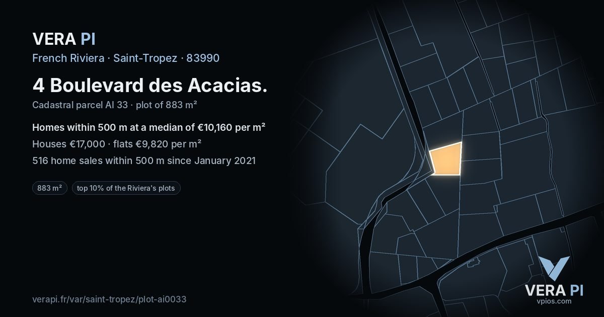4 Boulevard des Acacias, Saint-Tropez at night – the plot lit, the parcels around coloured by the prices near them