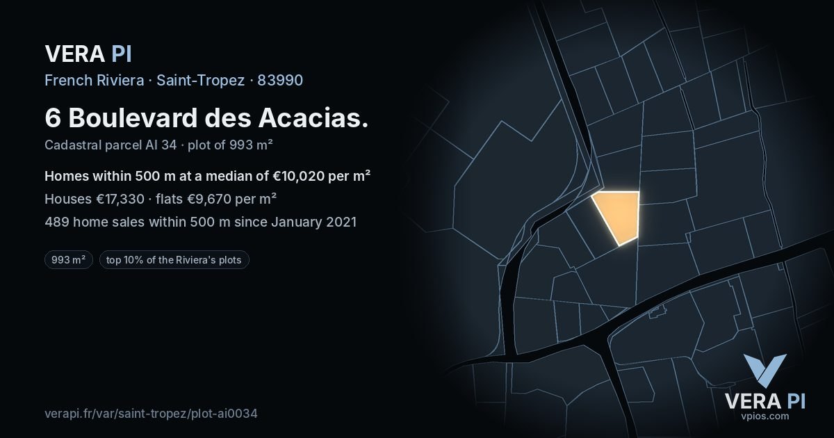 6 Boulevard des Acacias, Saint-Tropez at night – the plot lit, the parcels around coloured by the prices near them