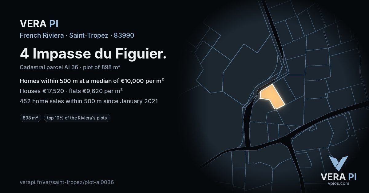 4 Impasse du Figuier, Saint-Tropez at night – the plot lit, the parcels around coloured by the prices near them