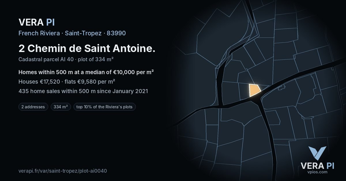 2 Chemin de Saint Antoine, Saint-Tropez at night – the plot lit, the parcels around coloured by the prices near them