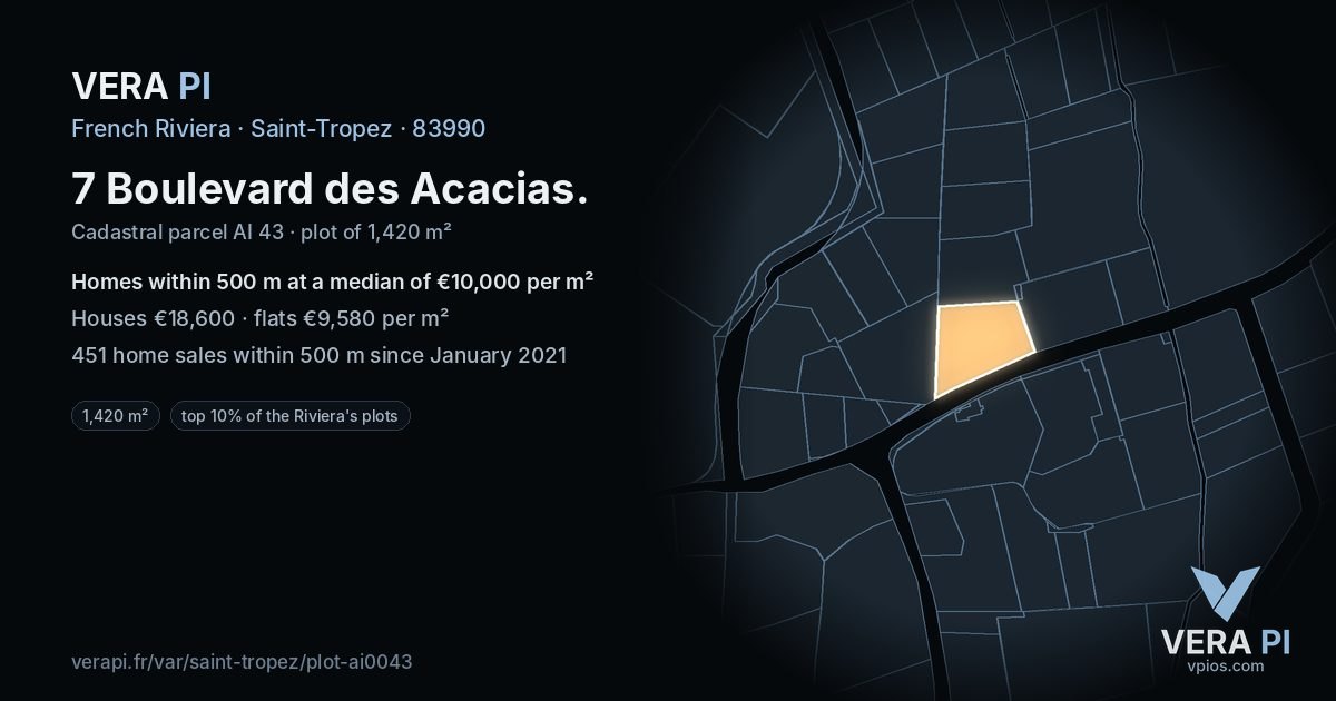 7 Boulevard des Acacias, Saint-Tropez at night – the plot lit, the parcels around coloured by the prices near them