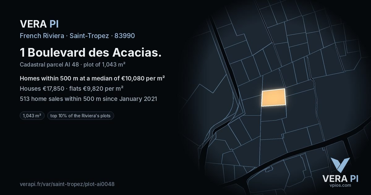1 Boulevard des Acacias, Saint-Tropez at night – the plot lit, the parcels around coloured by the prices near them