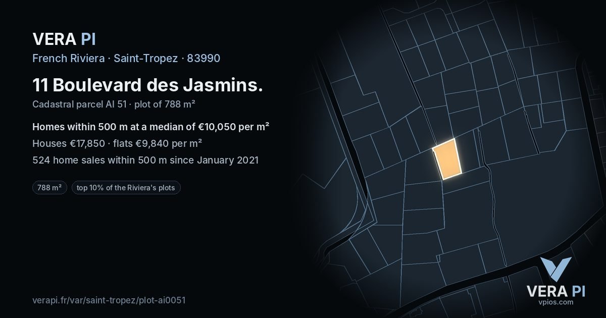 11 Boulevard des Jasmins, Saint-Tropez at night – the plot lit, the parcels around coloured by the prices near them