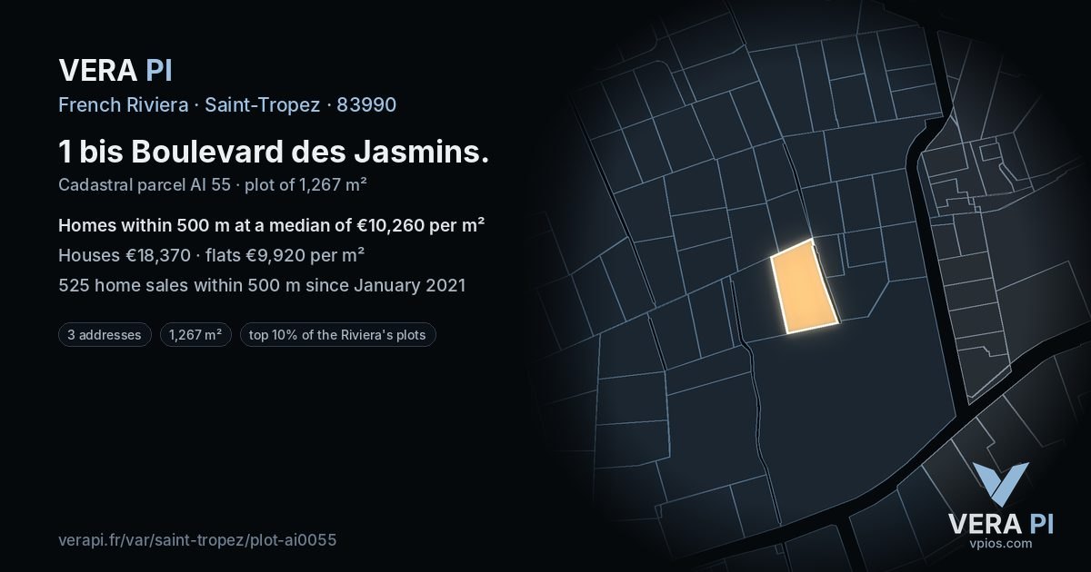 1 bis Boulevard des Jasmins, Saint-Tropez at night – the plot lit, the parcels around coloured by the prices near them