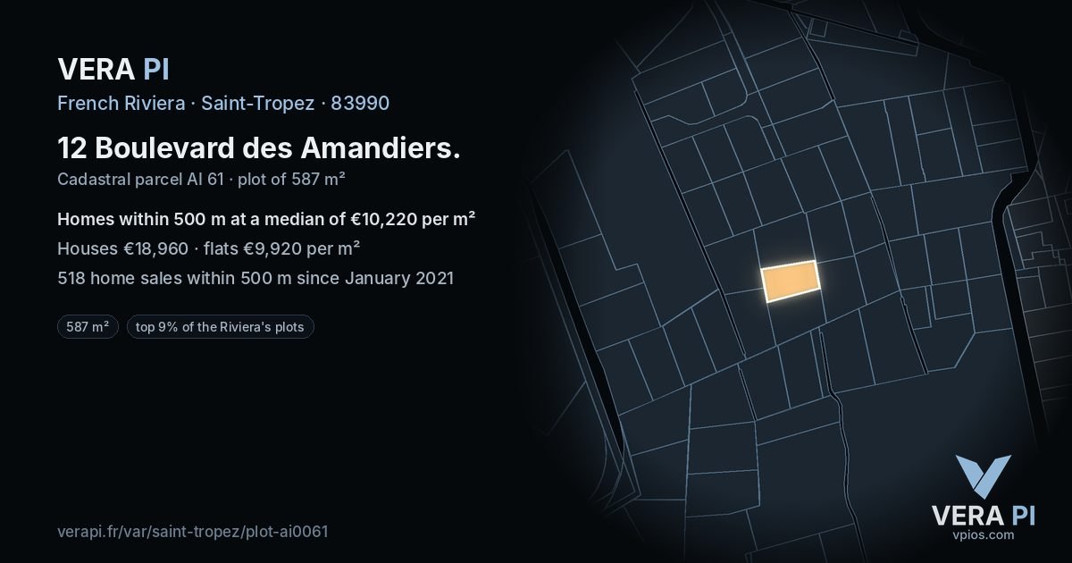 12 Boulevard des Amandiers, Saint-Tropez at night – the plot lit, the parcels around coloured by the prices near them