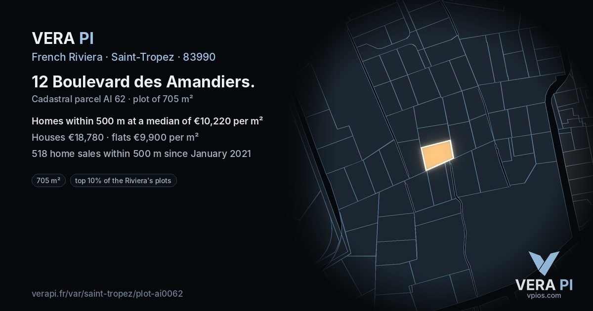 12 Boulevard des Amandiers, Saint-Tropez at night – the plot lit, the parcels around coloured by the prices near them