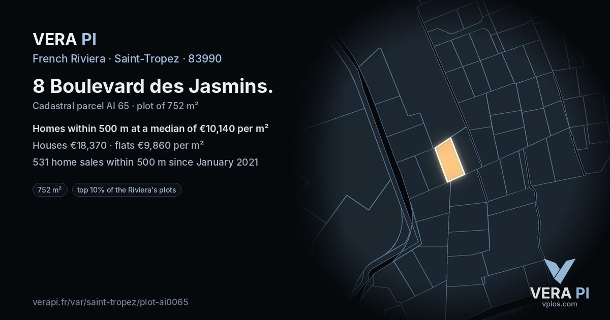 8 Boulevard des Jasmins, Saint-Tropez at night – the plot lit, the parcels around coloured by the prices near them