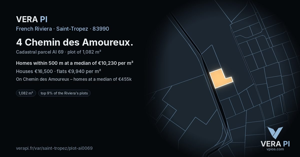 4 Chemin des Amoureux, Saint-Tropez at night – the plot lit, the parcels around coloured by the prices near them
