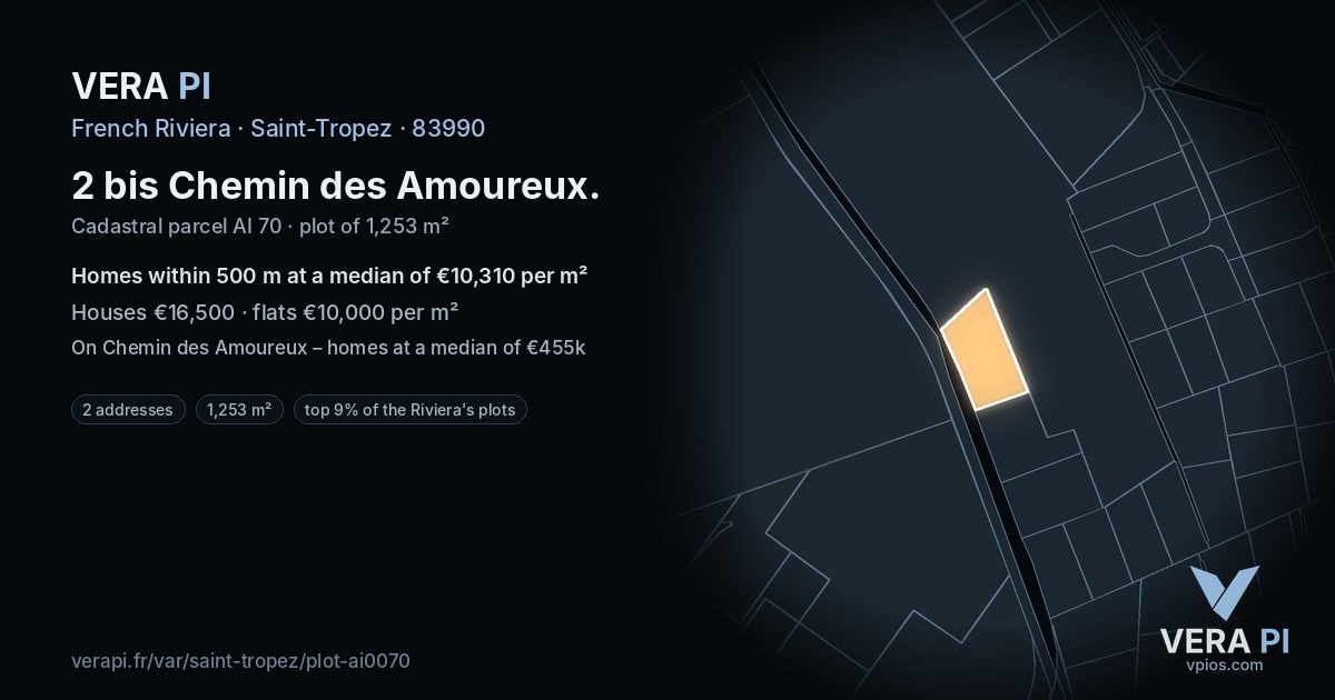 2 bis Chemin des Amoureux, Saint-Tropez at night – the plot lit, the parcels around coloured by the prices near them