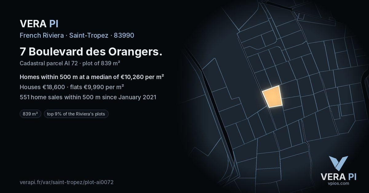 7 Boulevard des Orangers, Saint-Tropez at night – the plot lit, the parcels around coloured by the prices near them
