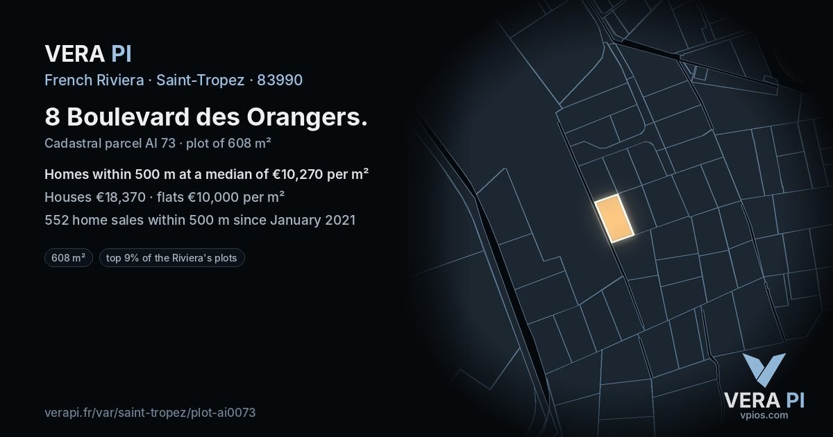 8 Boulevard des Orangers, Saint-Tropez at night – the plot lit, the parcels around coloured by the prices near them