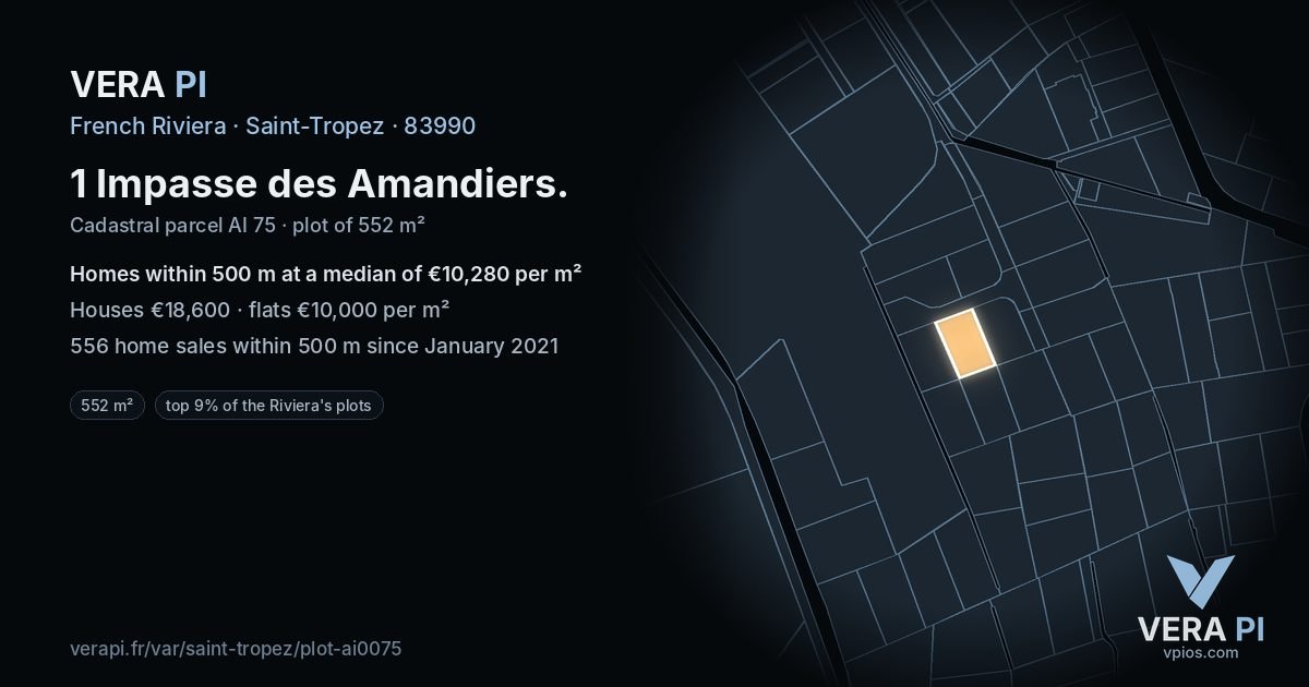 1 Impasse des Amandiers, Saint-Tropez at night – the plot lit, the parcels around coloured by the prices near them