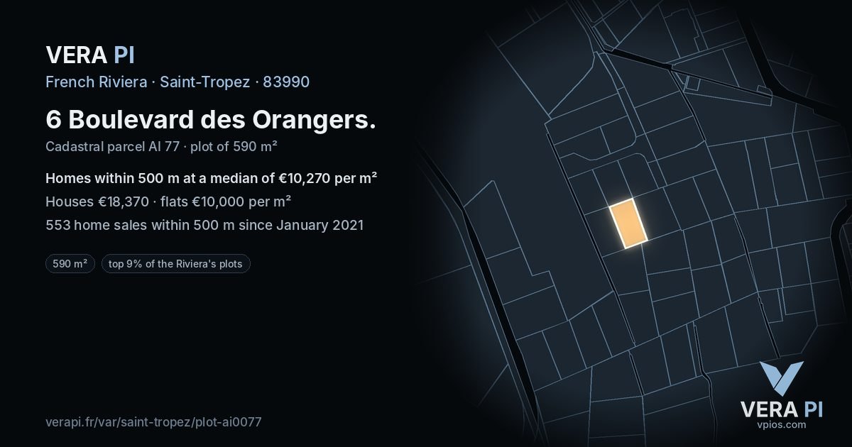 6 Boulevard des Orangers, Saint-Tropez at night – the plot lit, the parcels around coloured by the prices near them