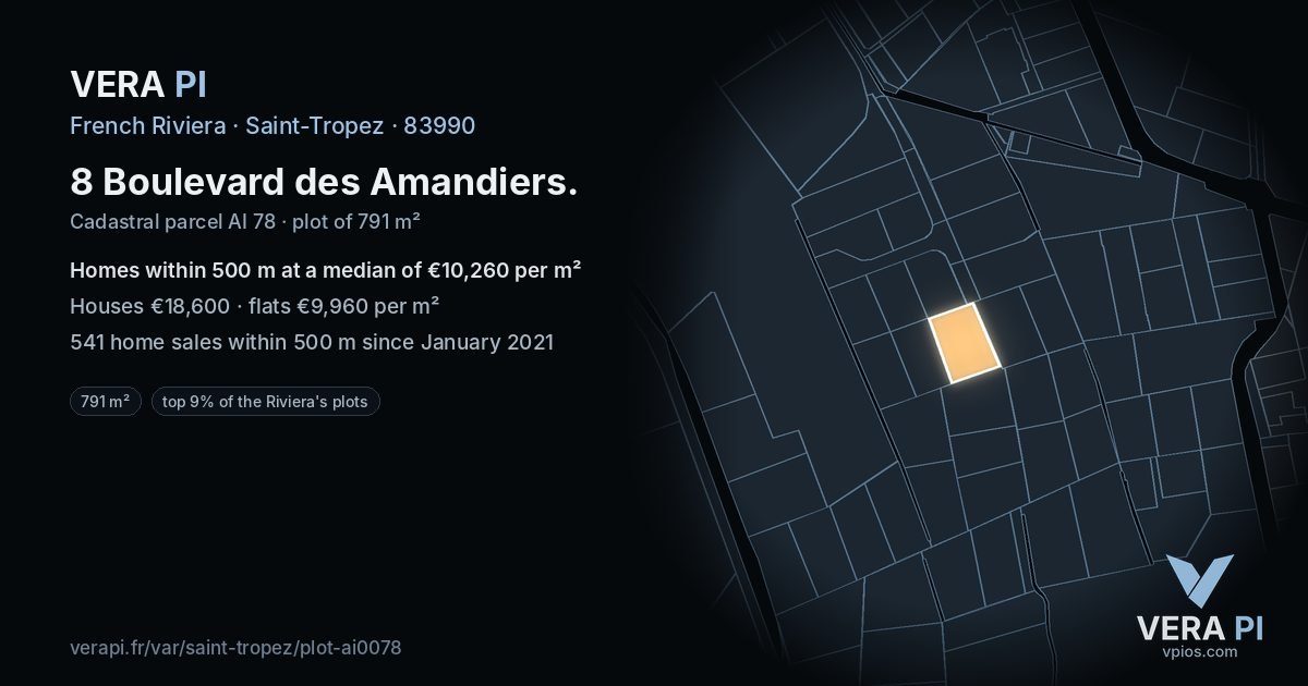 8 Boulevard des Amandiers, Saint-Tropez at night – the plot lit, the parcels around coloured by the prices near them