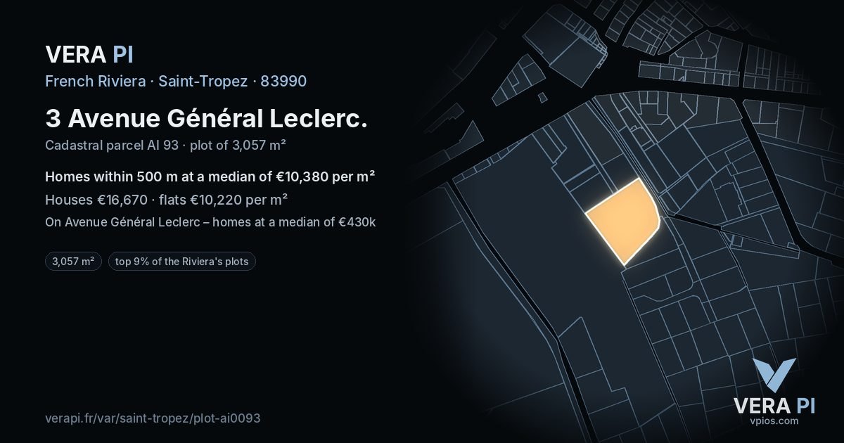 3 Avenue Général Leclerc, Saint-Tropez at night – the plot lit, the parcels around coloured by the prices near them