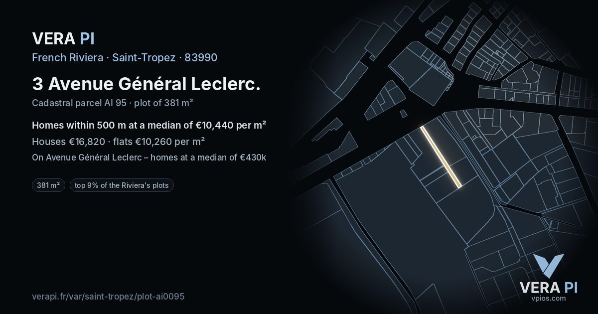 3 Avenue Général Leclerc, Saint-Tropez at night – the plot lit, the parcels around coloured by the prices near them
