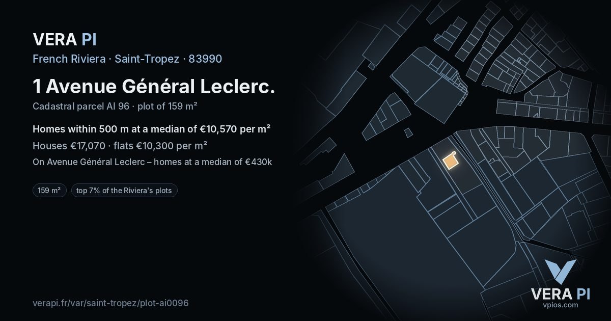 1 Avenue Général Leclerc, Saint-Tropez at night – the plot lit, the parcels around coloured by the prices near them