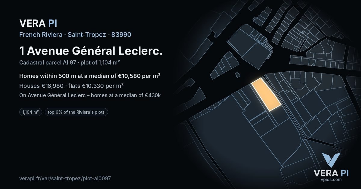 1 Avenue Général Leclerc, Saint-Tropez at night – the plot lit, the parcels around coloured by the prices near them