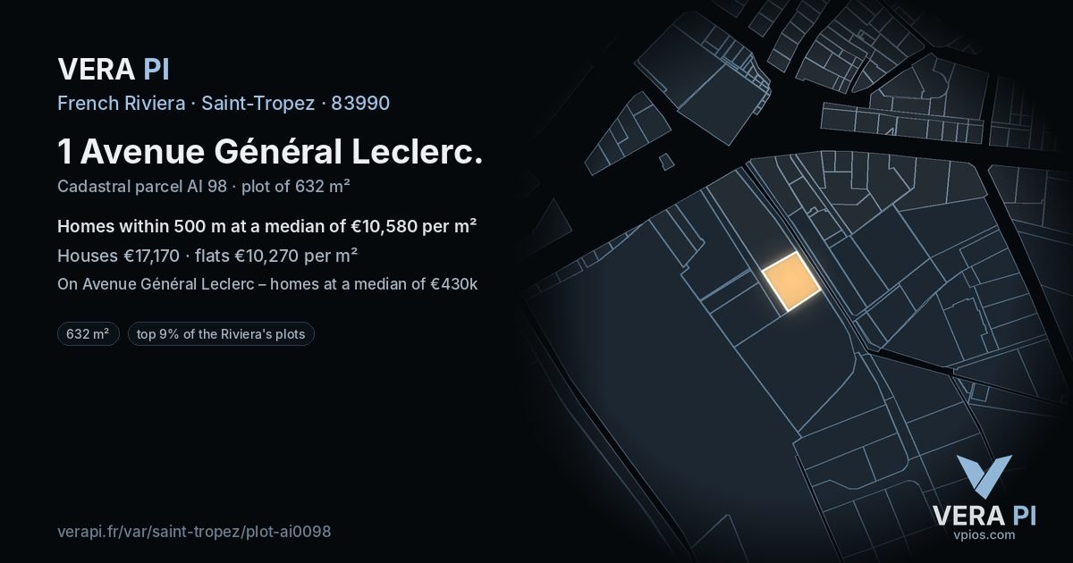 1 Avenue Général Leclerc, Saint-Tropez at night – the plot lit, the parcels around coloured by the prices near them