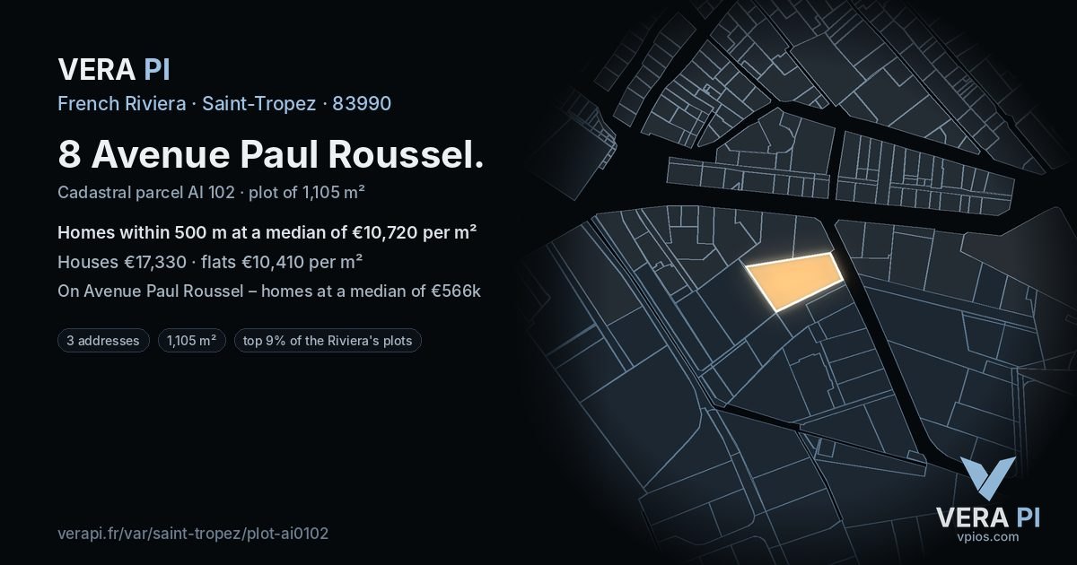 8 Avenue Paul Roussel, Saint-Tropez at night – the plot lit, the parcels around coloured by the prices near them