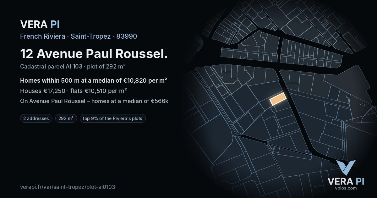 12 Avenue Paul Roussel, Saint-Tropez at night – the plot lit, the parcels around coloured by the prices near them