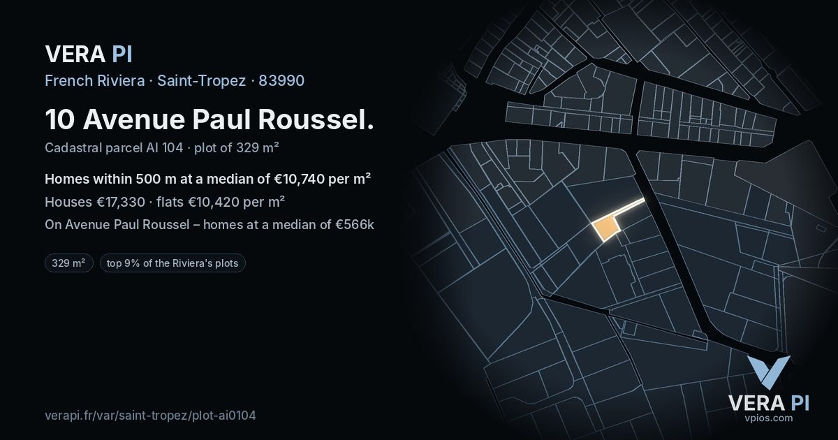 10 Avenue Paul Roussel, Saint-Tropez at night – the plot lit, the parcels around coloured by the prices near them