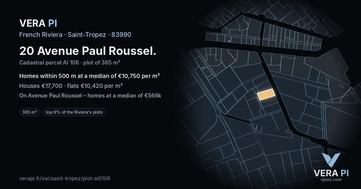 20 Avenue Paul Roussel, Saint-Tropez at night – the plot lit, the parcels around coloured by the prices near them