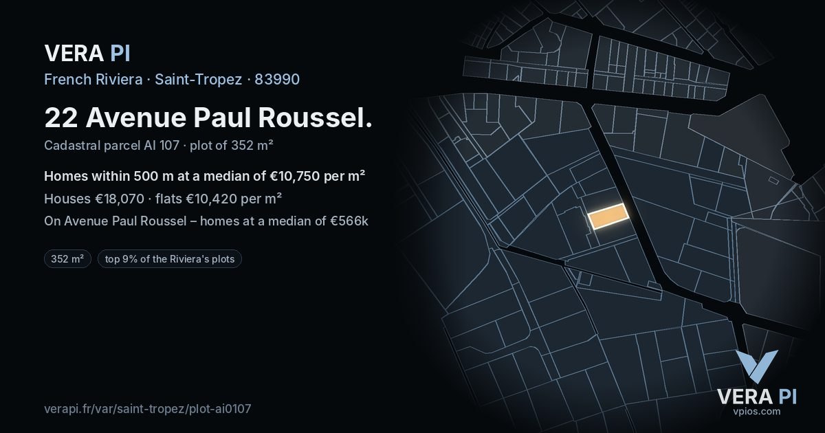 22 Avenue Paul Roussel, Saint-Tropez at night – the plot lit, the parcels around coloured by the prices near them