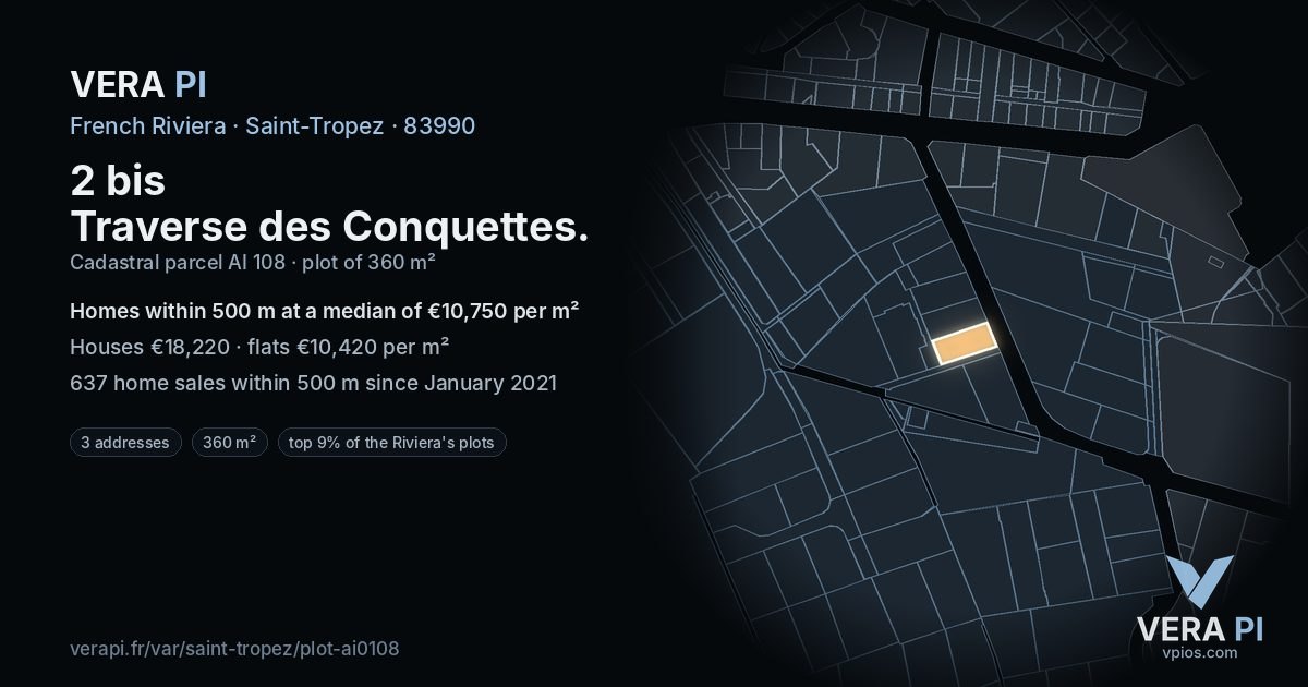 2 bis Traverse des Conquettes, Saint-Tropez at night – the plot lit, the parcels around coloured by the prices near them